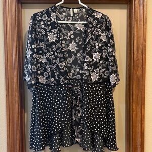 Floral and Polka Dot Black and White Women's Top